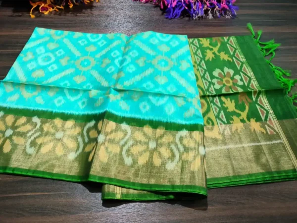 Pure Ikkat Sico  Silk Cotton  Sarees, 8 Inch Border Handloom Saree With Blouse - PRS8SICO00036