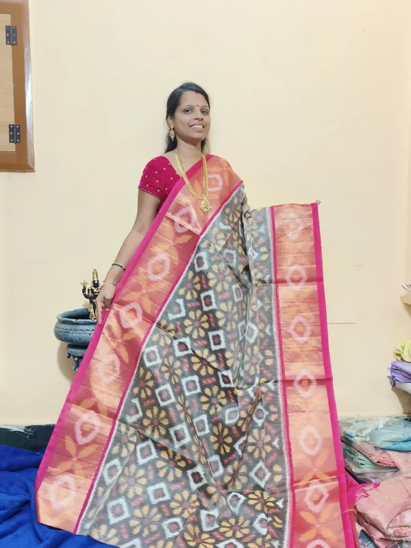 Pure Ikkat Sico  Silk Cotton  Sarees, 8 Inch Border Handloom Saree With Blouse - PRS8SICO00046