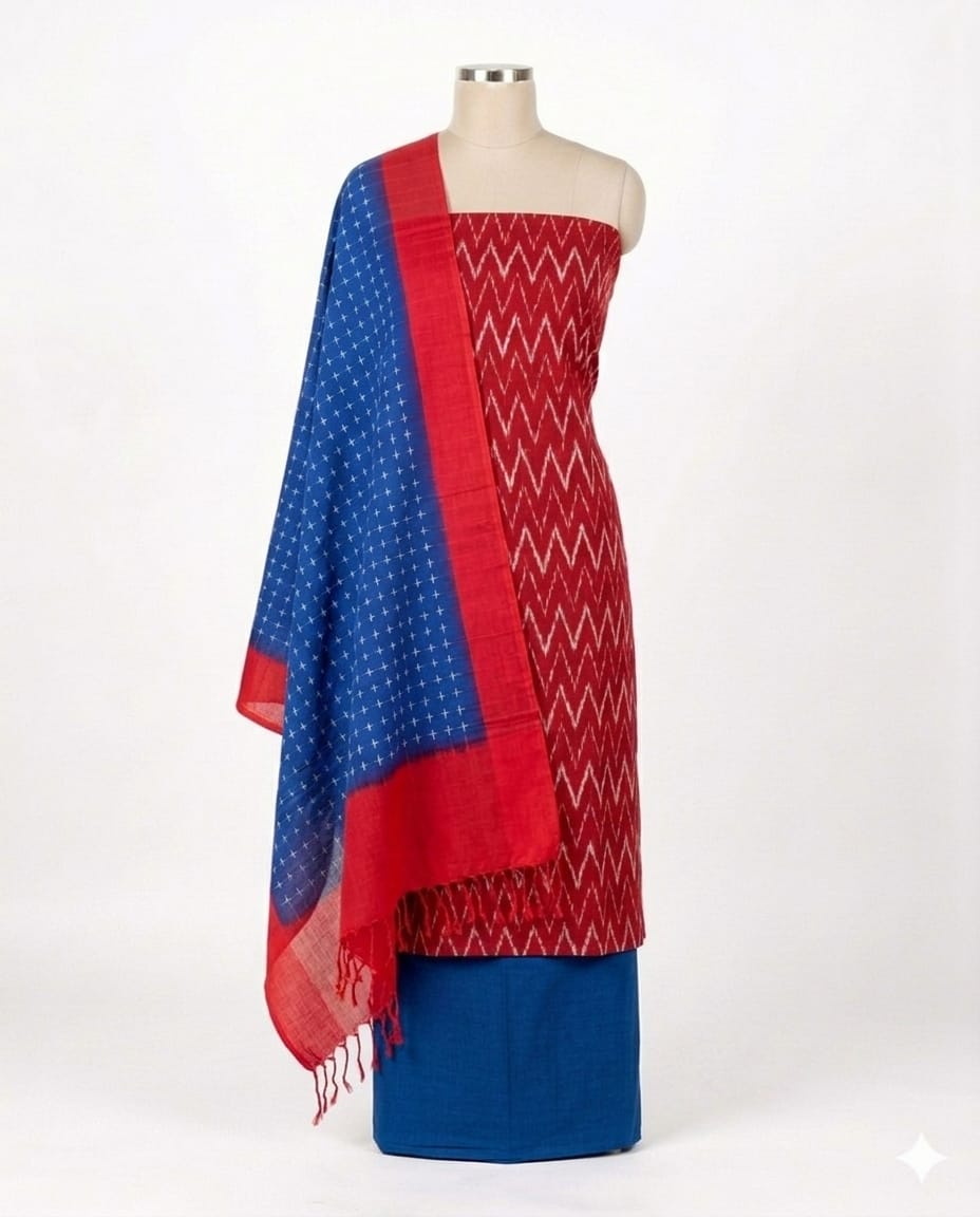 Pochampally Double Ikkat Cotton Dress Materials Unstitched Ethnic Suits - DIDM00013