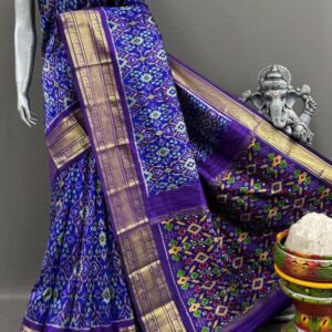 Pochampally Ikkat Silk  Saree Gold Zari border  With Blouse | Handloom Sarees -PABS1500012