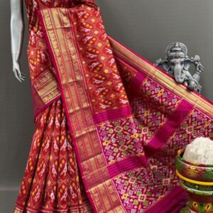 Pochampally Ikkat Silk  Saree Gold Zari border  With Blouse | Handloom Sarees -PABS1500015