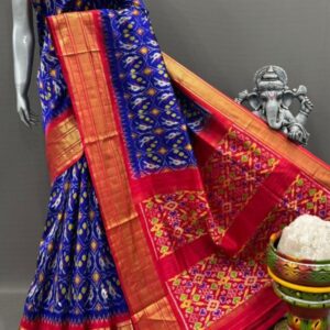 Pochampally Ikkat Silk  Saree Gold Zari border  With Blouse | Handloom Sarees -PABS150002