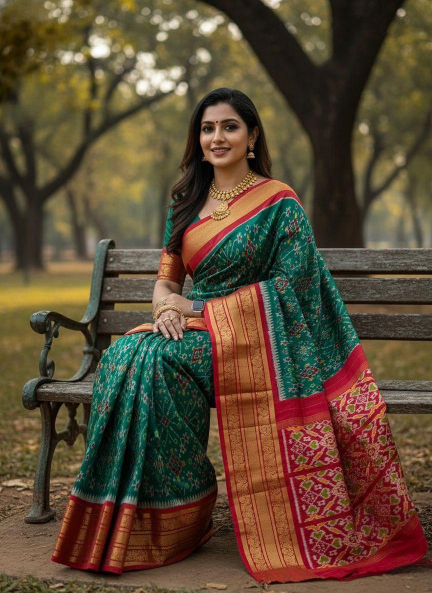 Pochampally silk sarees with zari border for bridal collection, Pochampally Ikkat silk sarees with gold zari border for grand occasions, Designer Pochampally silk sarees with gold zari border, Silk sarees from Pochampally with gold zari border, Pochampally Ikkat sarees with gold zari border for anniversary, High-end Pochampally Ikkat silk sarees with gold zari, Pochampally Ikkat silk sarees with zari border for engagement