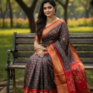 Pochampally silk sarees with zari border for bridal collection, Pochampally Ikkat silk sarees with gold zari border for grand occasions, Designer Pochampally silk sarees with gold zari border, Silk sarees from Pochampally with gold zari border, Pochampally Ikkat sarees with gold zari border for anniversary, High-end Pochampally Ikkat silk sarees with gold zari, Pochampally Ikkat silk sarees with zari border for engagement