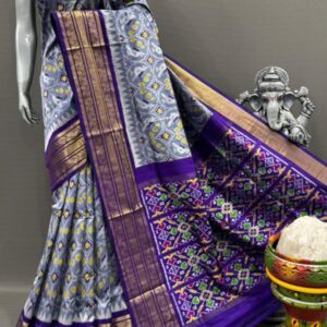 Pochampally Ikkat Silk  Saree Gold Zari border  With Blouse | Handloom Sarees -PABS150003