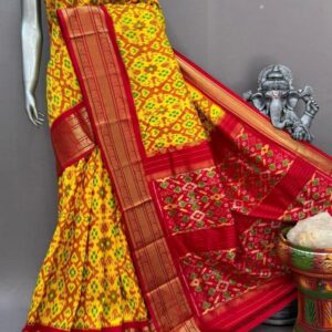 Pochampally Ikkat Silk  Saree Gold Zari border  With Blouse | Handloom Sarees -PABS150003