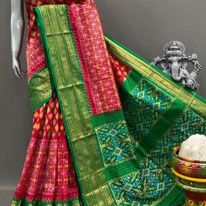 Pochampally Ikkat Silk  Saree Gold Zari border  With Blouse | Handloom Sarees -PABS150004
