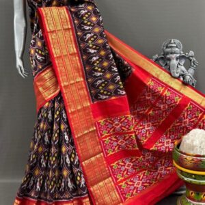 Pochampally Ikkat Silk  Saree Gold Zari border  With Blouse | Handloom Sarees -PABS150005