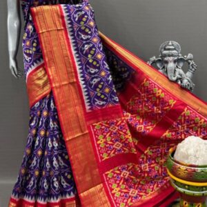 Pochampally Ikkat Silk  Saree Gold Zari border  With Blouse | Handloom Sarees -PABS150006