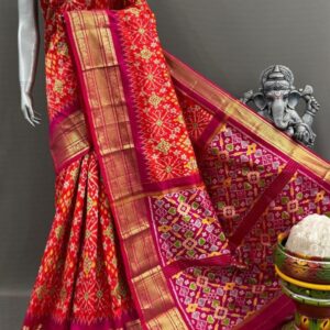 Pochampally Ikkat Silk  Saree Gold Zari border  With Blouse | Handloom Sarees -PABS150006
