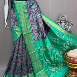 Pochampally Ikkat Silk  Saree Gold Zari border  With Blouse | Handloom Sarees -PABS150008