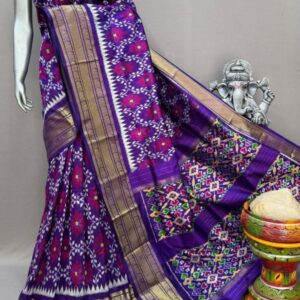 Pochampally Ikkat Silk  Saree Gold Zari border  With Blouse | Handloom Sarees -PABS150008