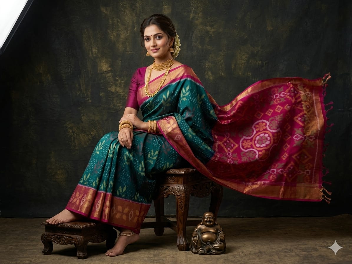 Pure Ikkat Sico Silk Cotton Sarees, 4 Inch Border Handloom Saree With Blouse - PRS4SICO00046