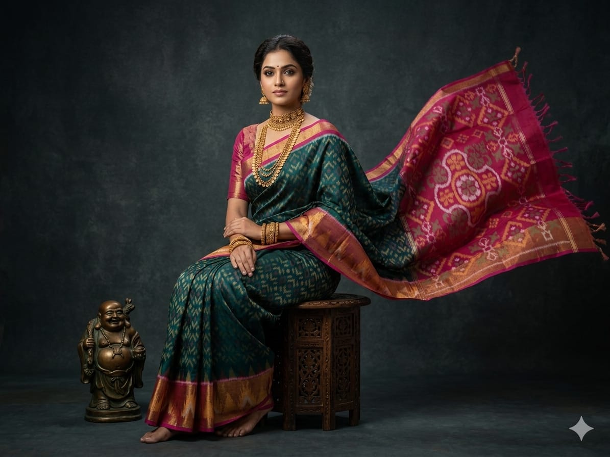 Pure Ikkat Sico Silk Cotton Sarees, 4 Inch Border Handloom Saree With Blouse - PRS4SICO00048