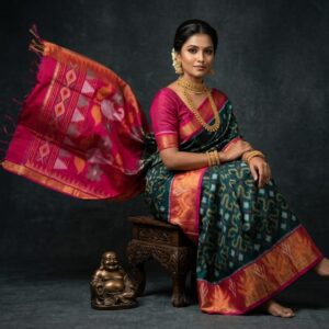 Pure Ikkat Sico  Silk Cotton  Sarees, 4 Inch Border Handloom Saree With Blouse - PRS4SICO00059