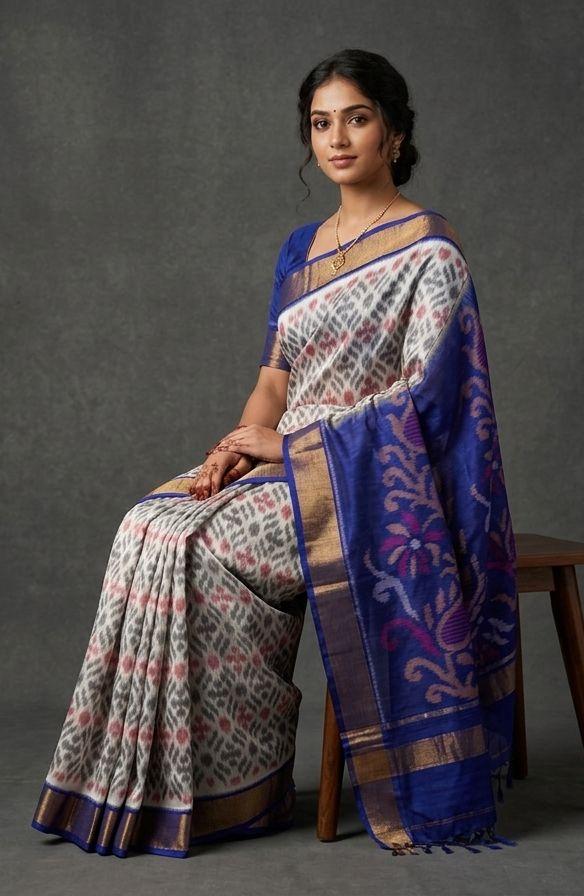 Pure Ikkat Sico Silk Cotton Sarees, 4 Inch Border Handloom Saree With Blouse - CK4SICO00081