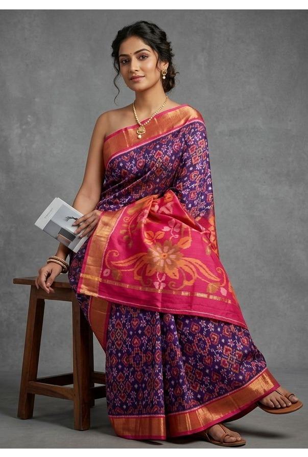 Pure Ikkat Sico Silk Cotton Sarees, 4 Inch Border Handloom Saree With Blouse - CK4SICO00086