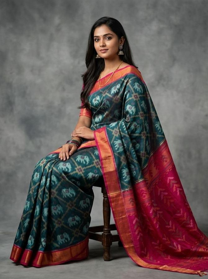 Pure Ikkat Sico Silk Cotton Sarees, 4 Inch Border Handloom Saree With Blouse - CK4SICO00089