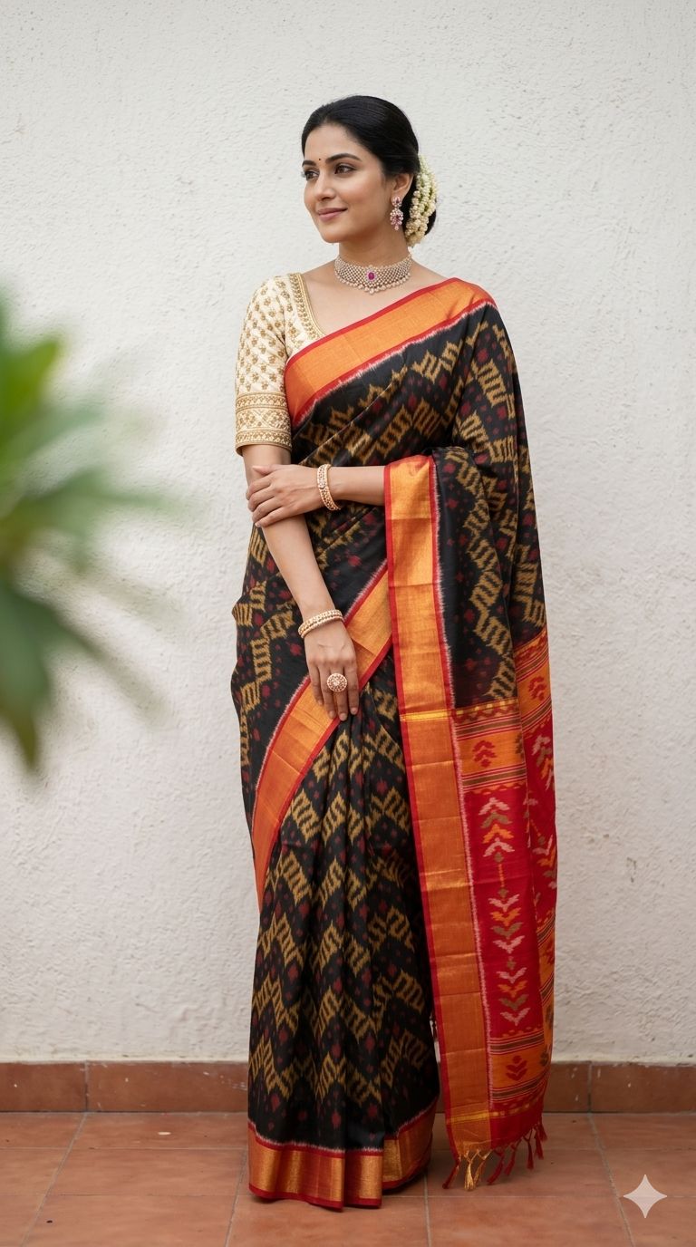 Pure Ikkat Sico Silk Cotton Sarees, 4 Inch Border Handloom Saree With Blouse - CK4SICO00090