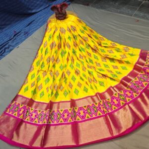 Pochampally Ikkat Silk Lehengas, Handloom Silk Lehengas, Ikkat Pavada, Silk Pavada free size, ikkat pattu lehengas