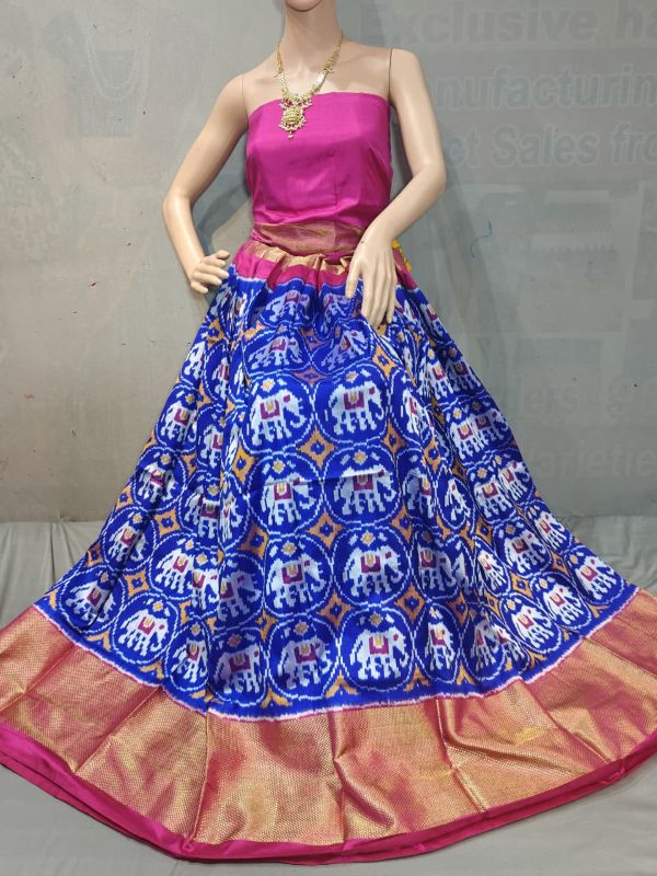Pochampally Ikkat Silk Lehengas, Handloom Silk Lehengas, Ikkat Pavada, Silk Pavada free size, ikkat pattu lehengas