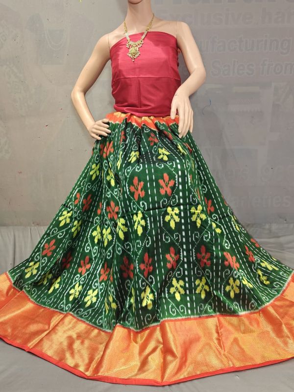 Pochampally Ikkat Silk Lehengas, Handloom Silk Lehengas, Ikkat Pavada, Silk Pavada free size, ikkat pattu lehengas