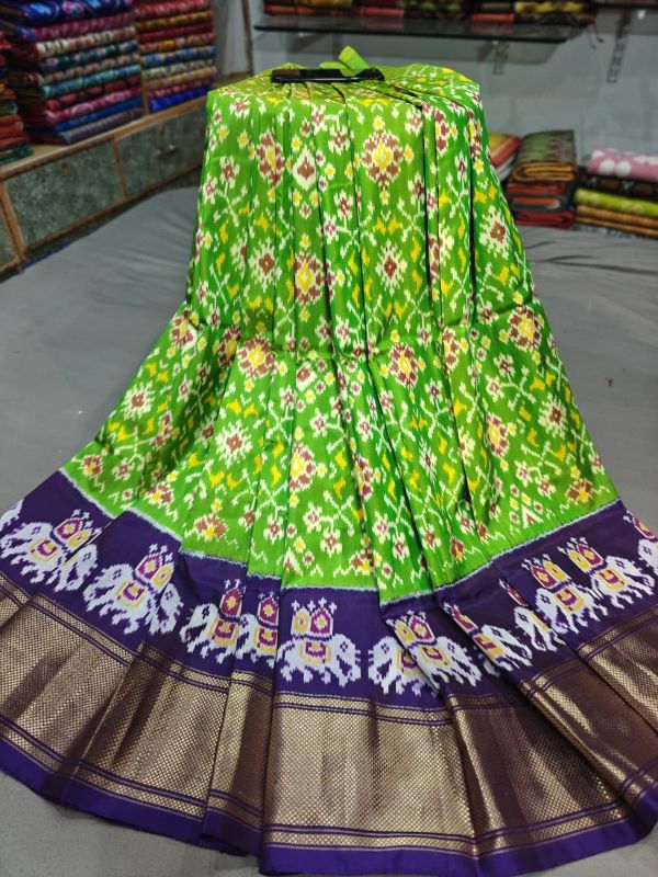 Pochampally Ikkat Silk Lehengas, Handloom Silk Lehengas, Ikkat Pavada, Silk Pavada free size, ikkat pattu lehengas