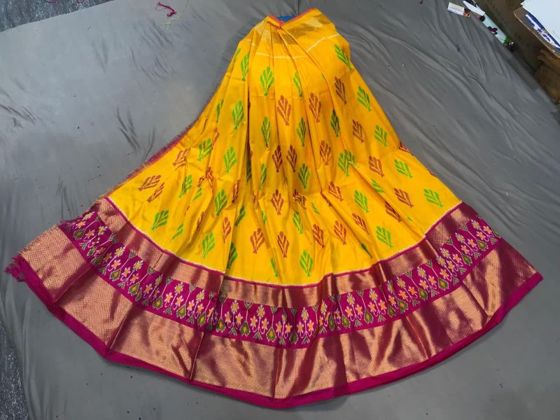Pochampally Ikkat Silk Lehengas, Handloom Silk Lehengas, Ikkat Pavada, Silk Pavada free size, ikkat pattu lehengas