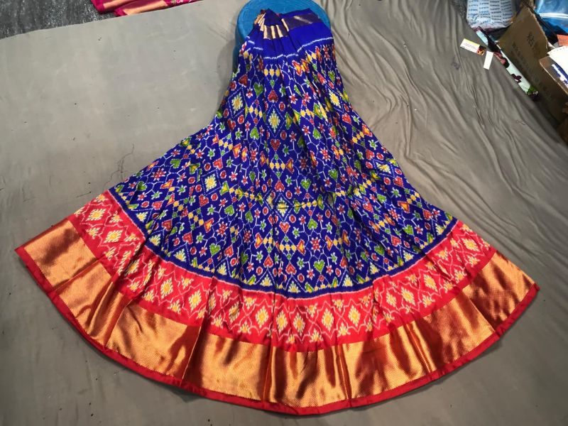 Pochampally Ikkat Silk Lehengas, Handloom Silk Lehengas, Ikkat Pavada, Silk Pavada free size, ikkat pattu lehengas