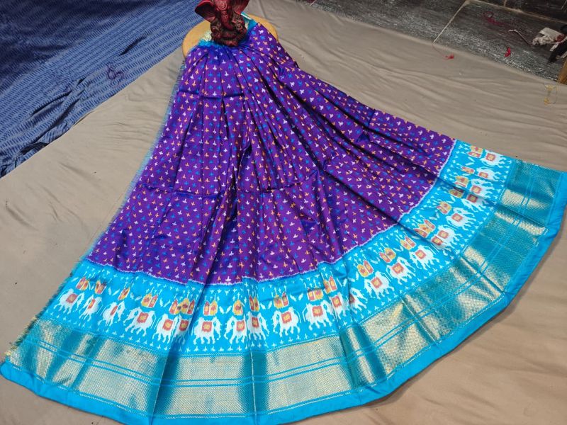 Pochampally Ikkat Silk Lehengas, Handloom Silk Lehengas, Ikkat Pavada, Silk Pavada free size, ikkat pattu lehengas