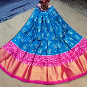 Pochampally Ikkat Silk Lehengas, Handloom Silk Lehengas, Ikkat Pavada, Silk Pavada free size, ikkat pattu lehengas