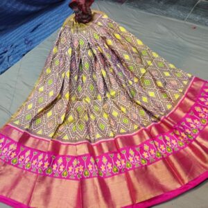 Pochampally Ikkat Silk Lehengas, Handloom Silk Lehengas, Ikkat Pavada, Silk Pavada free size, ikkat pattu lehengas