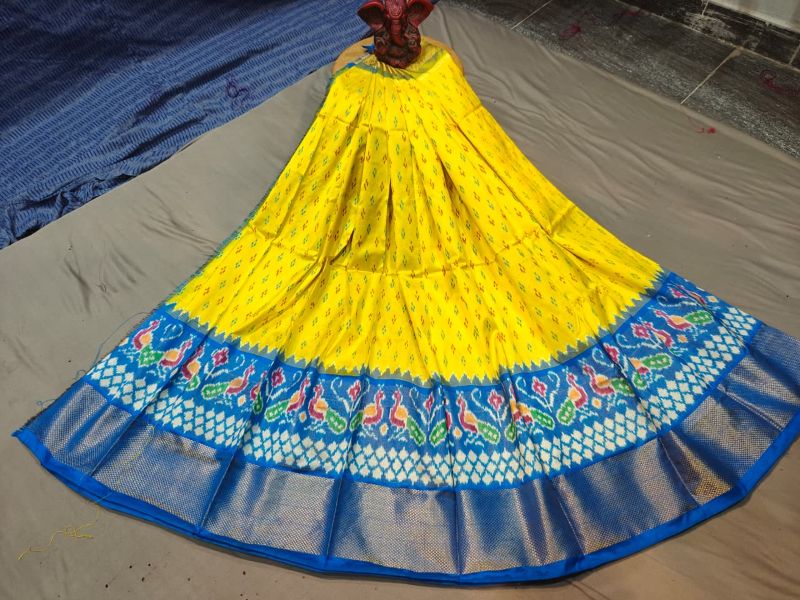 Pochampally Ikkat Silk Lehengas, Handloom Silk Lehengas, Ikkat Pavada, Silk Pavada free size, ikkat pattu lehengas