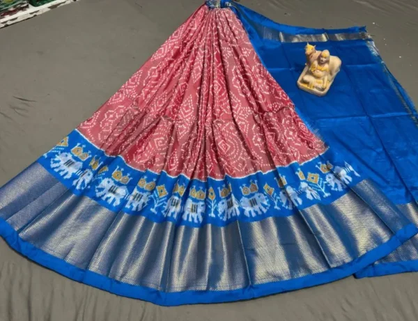 Pochampally Ikkat Silk Lehengas, Handloom Silk Lehengas, Ikkat Pavada, Silk Pavada free size, ikkat pattu lehengas