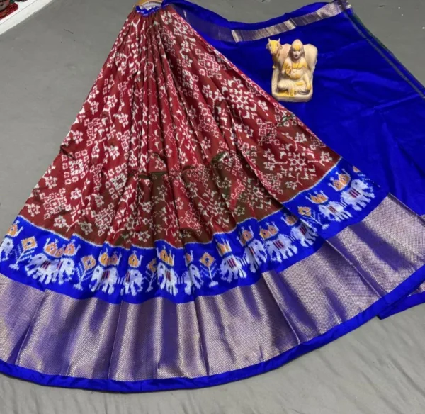 Pochampally Ikkat Silk Lehengas, Handloom Silk Lehengas, Ikkat Pavada, Silk Pavada free size, ikkat pattu lehengas