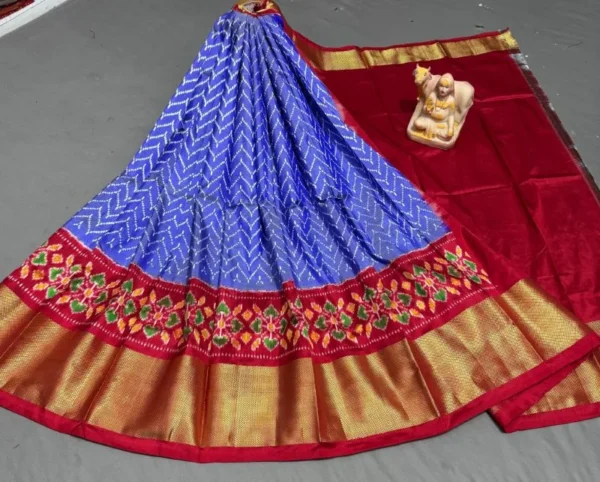 Pochampally Ikkat Silk Lehengas, Handloom Silk Lehengas, Ikkat Pavada, Silk Pavada free size, ikkat pattu lehengas