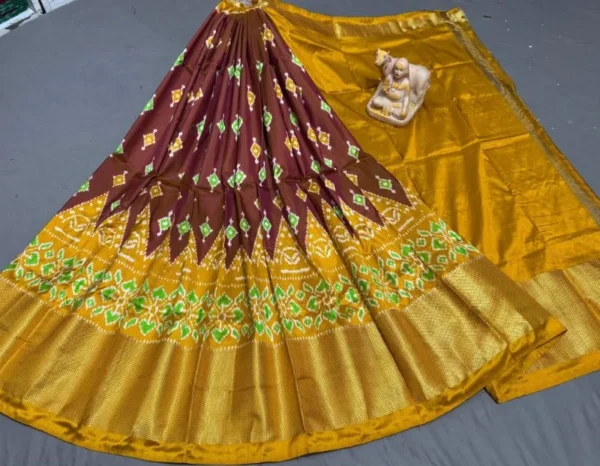 Pochampally Ikkat Silk Lehengas, Handloom Silk Lehengas, Ikkat Pavada, Silk Pavada free size, ikkat pattu lehengas
