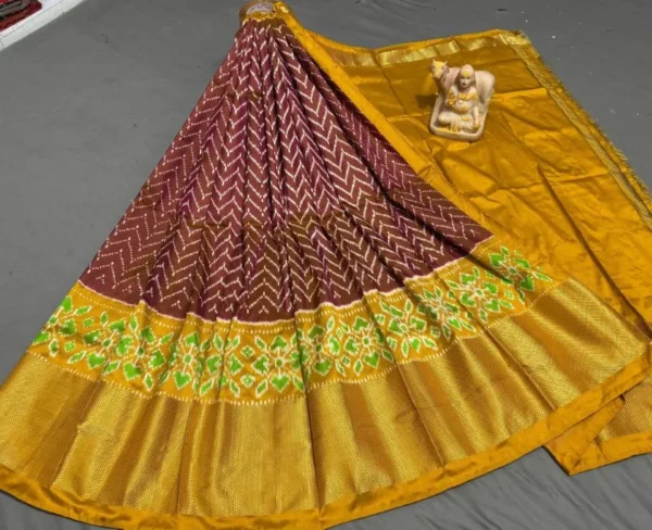 Pochampally Ikkat Silk Lehengas, Handloom Silk Lehengas, Ikkat Pavada, Silk Pavada free size, ikkat pattu lehengas