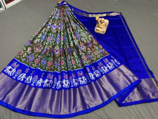 Pochampally Ikkat Silk Lehengas, Handloom Silk Lehengas, Ikkat Pavada, Silk Pavada free size, ikkat pattu lehengas
