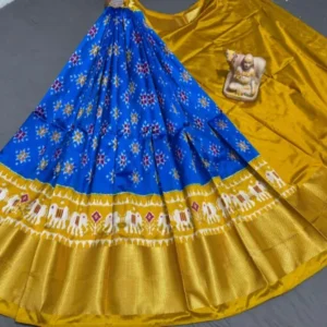 Pochampally Ikkat Silk Lehengas, Handloom Silk Lehengas, Ikkat Pavada, Silk Pavada free size, ikkat pattu lehengas