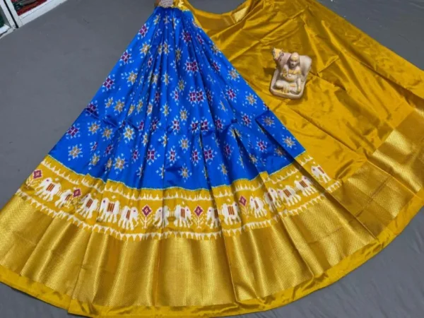 Pochampally Ikkat Silk Lehengas, Handloom Silk Lehengas, Ikkat Pavada, Silk Pavada free size, ikkat pattu lehengas