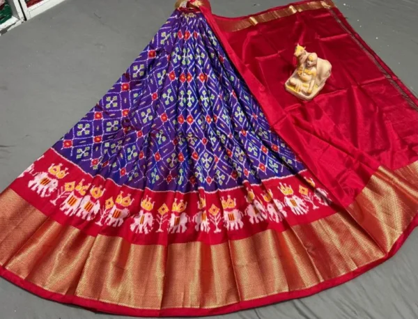 Pochampally Ikkat Silk Lehengas, Handloom Silk Lehengas, Ikkat Pavada, Silk Pavada free size, ikkat pattu lehengas