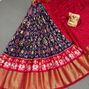 Pochampally Ikkat Silk Lehengas, Handloom Silk Lehengas, Ikkat Pavada, Silk Pavada free size, ikkat pattu lehengas