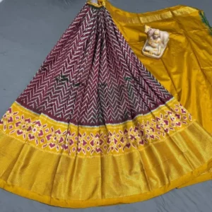 Pochampally Ikkat Silk Lehengas, Handloom Silk Lehengas, Ikkat Pavada, Silk Pavada free size, ikkat pattu lehengas
