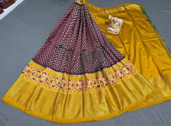 Pochampally Ikkat Silk Lehengas, Handloom Silk Lehengas, Ikkat Pavada, Silk Pavada free size, ikkat pattu lehengas