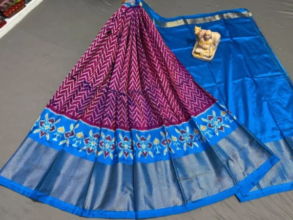 Pochampally Ikkat Silk Lehengas, Handloom Silk Lehengas, Ikkat Pavada, Silk Pavada free size, ikkat pattu lehengas