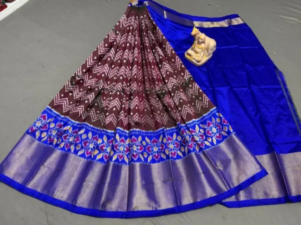Pochampally Ikkat Silk Lehengas, Handloom Silk Lehengas, Ikkat Pavada, Silk Pavada free size, ikkat pattu lehengas
