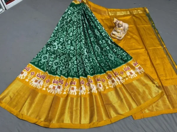 Pochampally Ikkat Silk Lehengas, Handloom Silk Lehengas, Ikkat Pavada, Silk Pavada free size, ikkat pattu lehengas