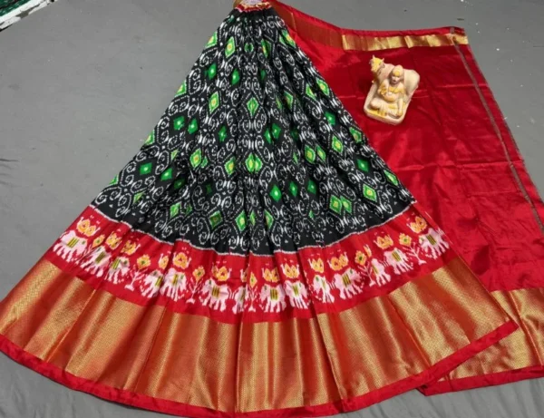 Pochampally Ikkat Silk Lehengas, Handloom Silk Lehengas, Ikkat Pavada, Silk Pavada free size, ikkat pattu lehengas