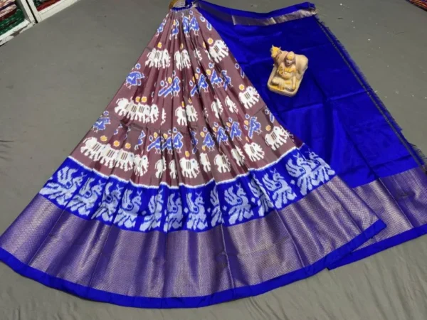 Pochampally Ikkat Silk Lehengas, Handloom Silk Lehengas, Ikkat Pavada, Silk Pavada free size, ikkat pattu lehengas